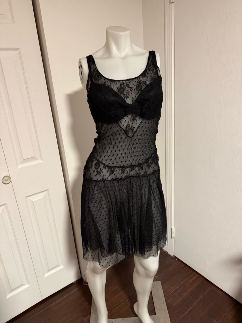 Vintage Black Lace Mesh Slip Dress Lingerie